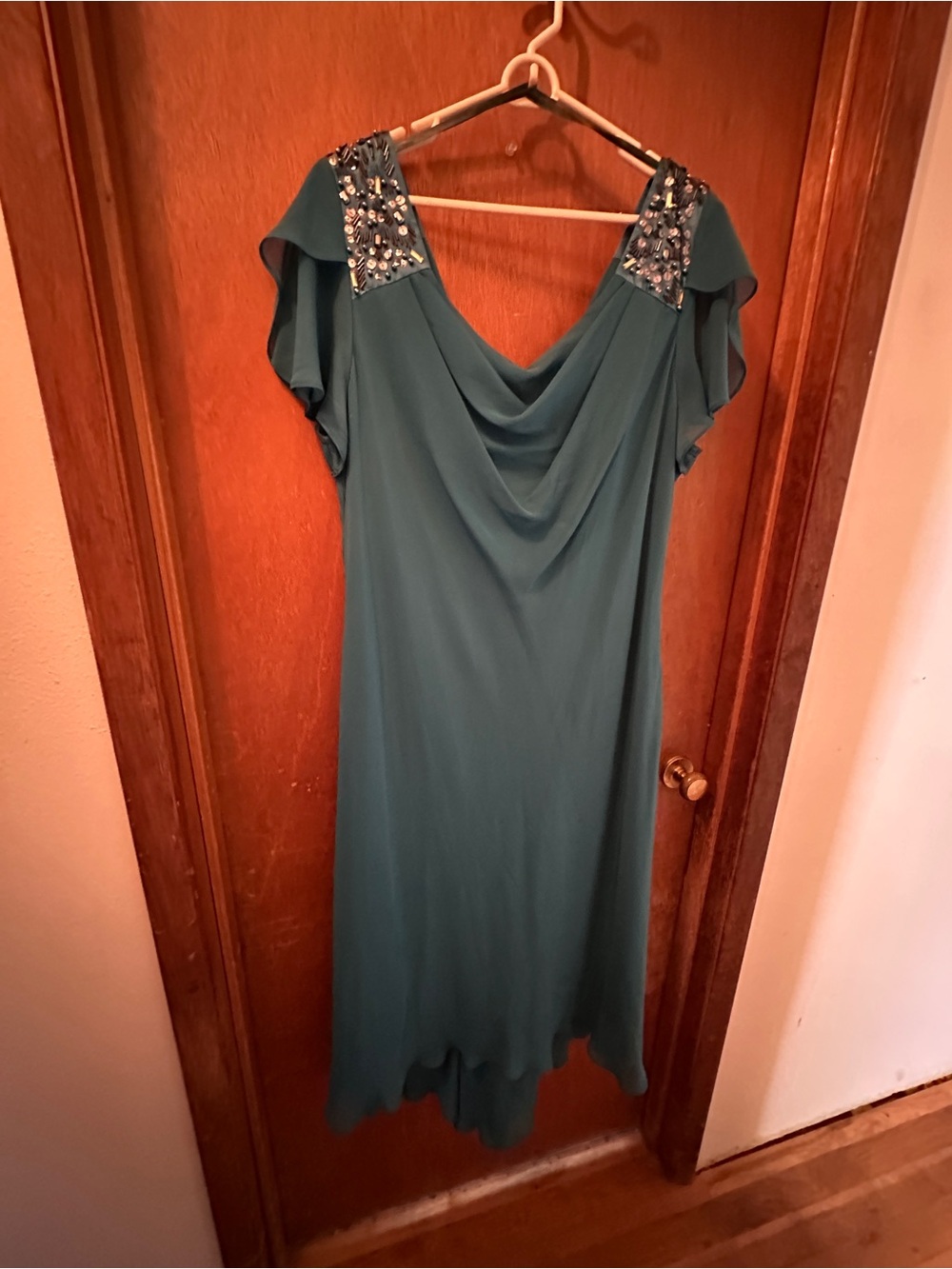 S.L. Fashions Teal Draped Cowl Neck Dress